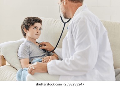 Young, male person and doctor with stethoscope, consulting service and medical appointment as kid. Child, pediatrician and medic in home for wellness, checkup and healthcare treatment in consultation - Powered by Shutterstock