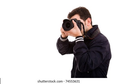 Young Male Photographer With Camera, Isolated On White