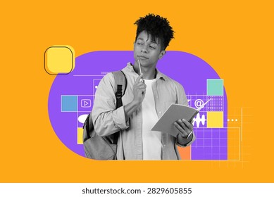 Young Male Student Thinking With Notepad In Hand, Purple And Orange Background, Education Concept
