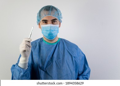  Young Male Surgeon Stand White Background Uniform Doctor Health  Care Emergency Profession Help People Hand Hold Scalpel