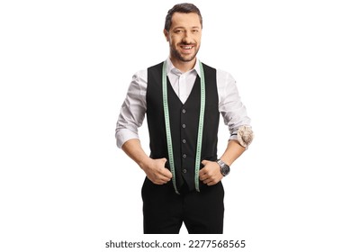 Young male tailor with a measuring tape smiling at camera isolated on white background - Shutterstock ID 2277568565
