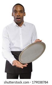 Young Male Waiter Dropping A Tray And Falling Forward