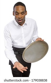 Young Male Waiter Dropping A Tray And Falling Forward