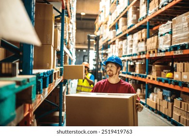 Young male warehouse worker carrying box - Powered by Shutterstock