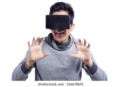 Young Male Watching 1st Person Perspective 3d VR Movies   He Is Using Virtual Reality Glasses.