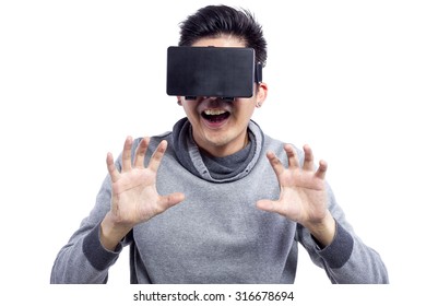 Young Male Watching 1st Person Perspective 3d VR Movies   He Is Using Virtual Reality Glasses.