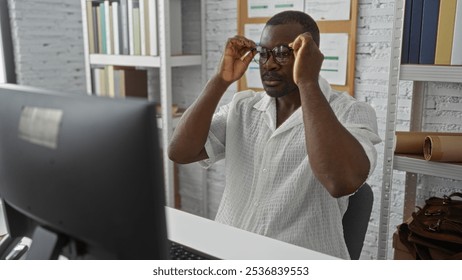 Young man adjusting glasses in an office setting, working on a desktop computer, surrounded by bookshelves and documents. - Powered by Shutterstock