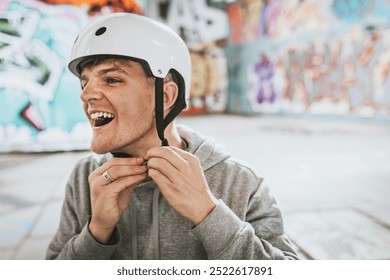 Young man adjusting helmet strap. Man wearing helmet for extreme sports. Man wearing helmet against graffiti background. Helmet safety for extreme sports. - Powered by Shutterstock