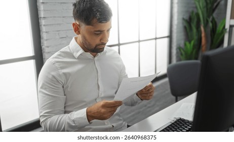 Young man analyzing document at work in a modern office setting, showcasing focus and professionalism in an indoor environment filled with natural light.