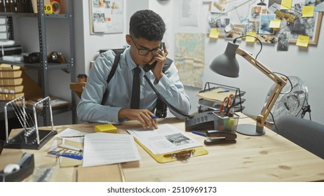 Young man analyzing documents at a cluttered detective office with evidence board and phone - Powered by Shutterstock