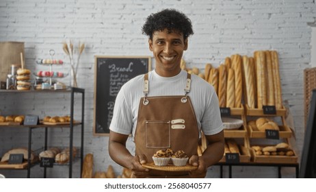 Young man in apron smiling while holding a tray of muffins in a bakery shop with bread and pastries in the background
