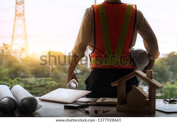 Young Man Architect Engineer Working Desk Royalty Free