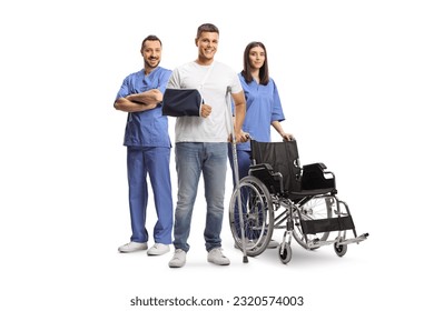 Young man with arm and leg injury standing with male and female health care workers isolated on white background - Powered by Shutterstock