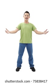  young man with arms open and welcome