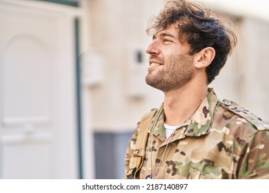 Young Man Army Soldier Smiling Confident At Street