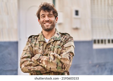 Young Man Army Soldier Smiling Confident Standing With Arms Crossed Gesture At Street