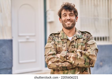 Young Man Army Soldier Smiling Confident Standing With Arms Crossed Gesture At Street