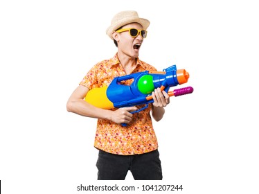 Young Man Asian Holding Songkran Thailand Festival Gun Water Colorful On White Background.