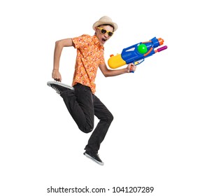 Young Man Asian Holding Songkran Thailand Festival Gun Water Colorful On White Background.