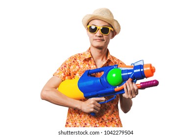 Young Man Asian Holding Songkran Thailand Festival Gun Water Colorful On White Background.