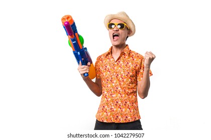 Young Man Asian Holding Songkran Thailand Festival Gun Water Colorful On White Background.