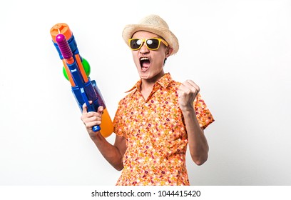 Young Man Asian Holding Songkran Thailand Festival Gun Water Colorful On White Background.