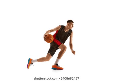 Young man, athlete in motion, basketball player during game, practicing isolated over white background. Concept of professional sport, competition, match, championship, health, action. Ad - Powered by Shutterstock