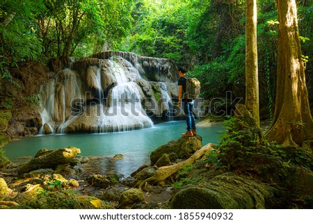 Similar – Image, Stock Photo Young hiker in river landscape