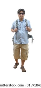 young man with backpack walking. isolated on white background
