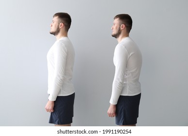 Young Man With Bad And Proper Posture On Grey Background