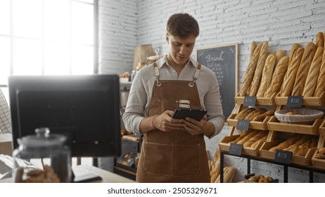 Young man in a bakery shop wearing a brown apron checks an order on a tablet while surrounded by bread loaves on wooden shelves - Powered by Shutterstock