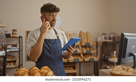 Young man at bakery talking on phone while using tablet surrounded by bread and pastries in a cozy indoor shop setting - Powered by Shutterstock