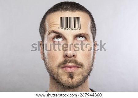 young man with a bar code on his forehead