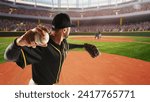 Young man, baseball player during game serving ball, playing on 3D render open air arena, baseball stadium with fans tribune. Concept of professional sport, competition, championship, game