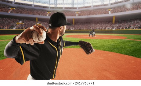 Young man, baseball player during game serving ball, playing on 3D render open air arena, baseball stadium with fans tribune. Concept of professional sport, competition, championship, game - Powered by Shutterstock