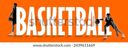 Young man, basketball player with ball on orange background with giant basketball word. Concept of sport, active and heathy lifestyle, training, fitness. Poster, banner, ad