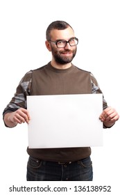 Young Man With Beard Holding Blank Board