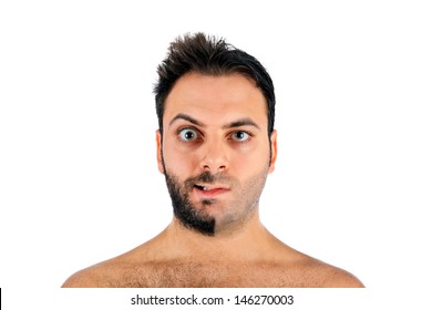 A Young Man With A Beard On Half Of The Face On White Background