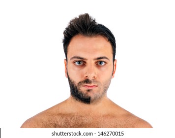 A Young Man With A Beard On Half Of The Face On White Background