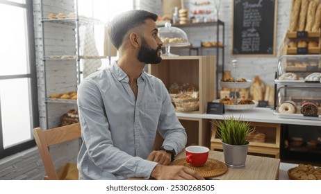 Young man with beard sitting in cafe, enjoying coffee inside a bakery with various pastries and cozy decor - Powered by Shutterstock