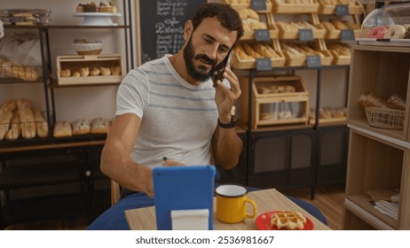 Young man with beard talking on phone while working on tablet in cozy bakery with bread shelves - Powered by Shutterstock