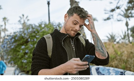 A young man with a beard using a smartphone on a city street, showcasing tattoos and a casual style.