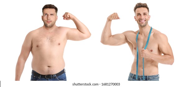 Young Man Before And After Weight Loss On White Background