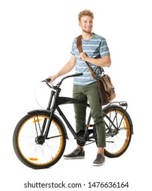 Young Man With Bicycle On White Background