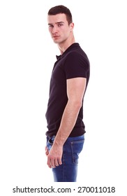 Young Man In A Black Polo Shirt On White Background