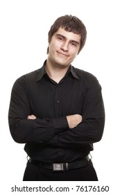 Young Man In Black Shirt Smiling Isolated On White Background