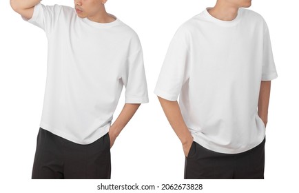 Young man in blank oversize t-shirt mockup front and back used as design template, isolated on white background with clipping path. - Shutterstock ID 2062673828