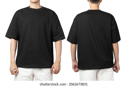 Young man in blank oversize t-shirt mockup front and back used as design template, isolated on white background with clipping path. - Shutterstock ID 2062673831