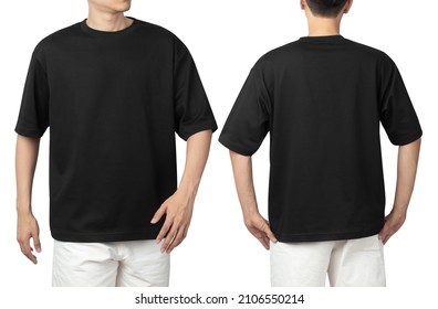 Young man in blank oversize t-shirt mockup front and back used as design template, isolated on white background with clipping path. - Shutterstock ID 2106550214