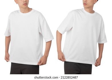 Young man in blank oversize t-shirt mockup front and back used as design template, isolated on white background with clipping path. - Shutterstock ID 2122852487